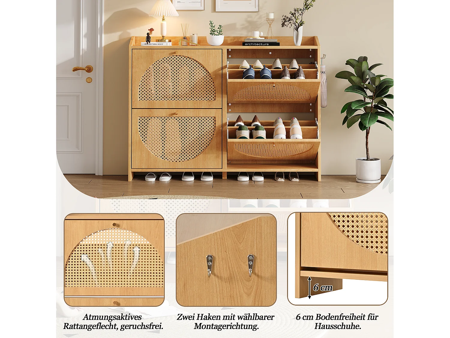 Schuhschrank mit 4 Türen, 8 Einlegeböden und 2 Haken – MDF/durchbrochenes Rattan – 120 x 24 x 90 cm – Naturholz