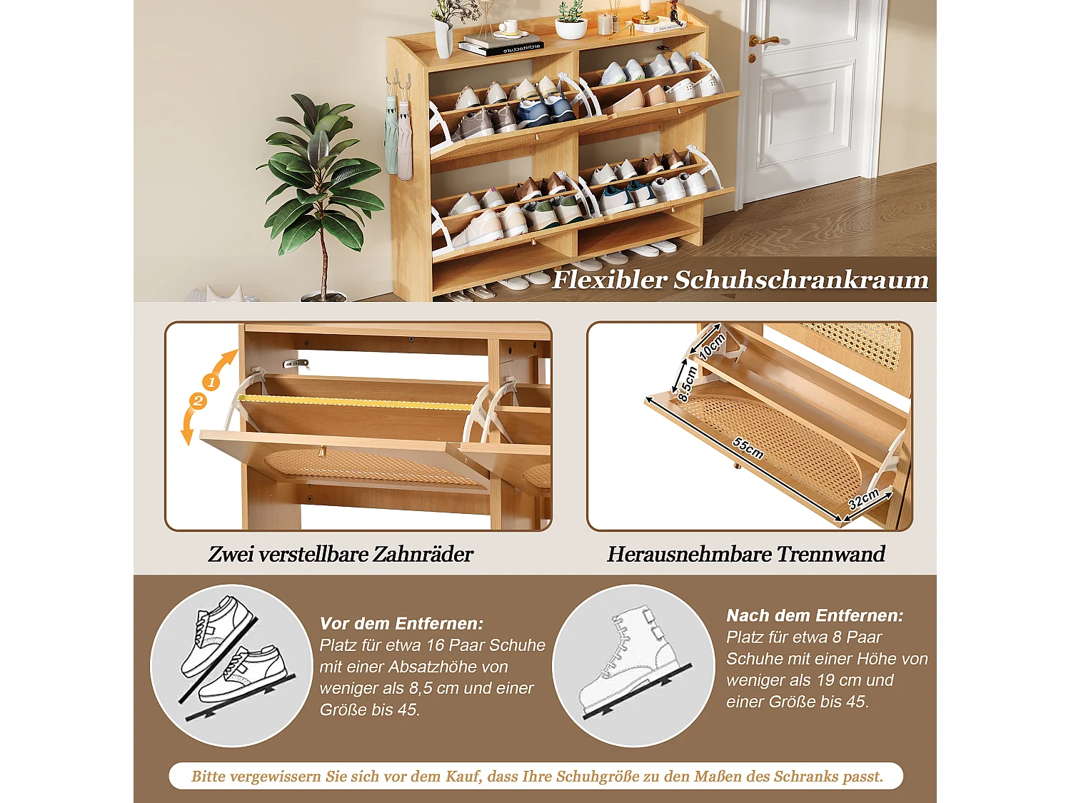 Schuhschrank mit 4 Türen, 8 Einlegeböden und 2 Haken – MDF/durchbrochenes Rattan – 120 x 24 x 90 cm – Naturholz
