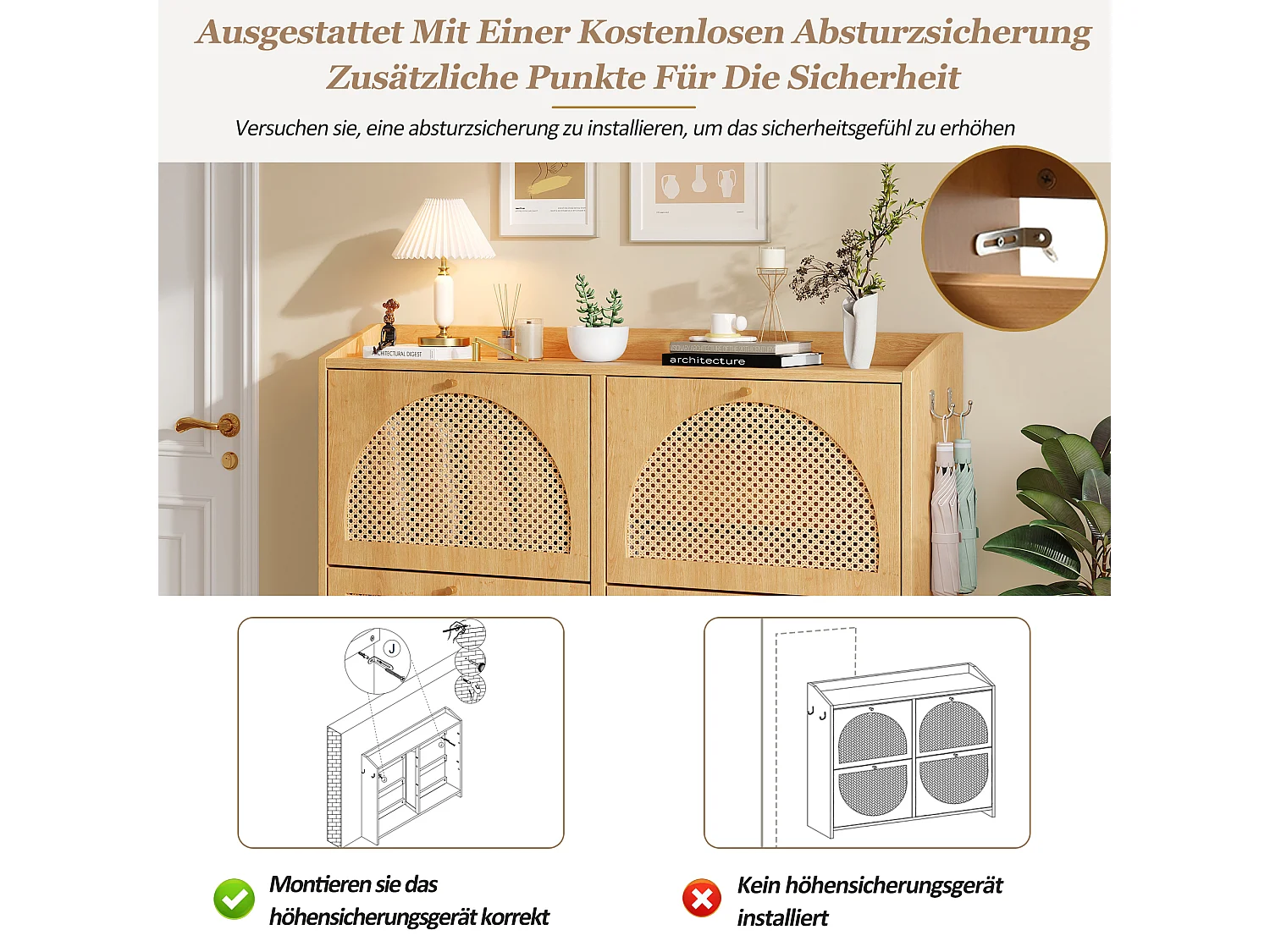 Schuhschrank mit 4 Türen, 8 Einlegeböden und 2 Haken – MDF/durchbrochenes Rattan – 120 x 24 x 90 cm – Naturholz