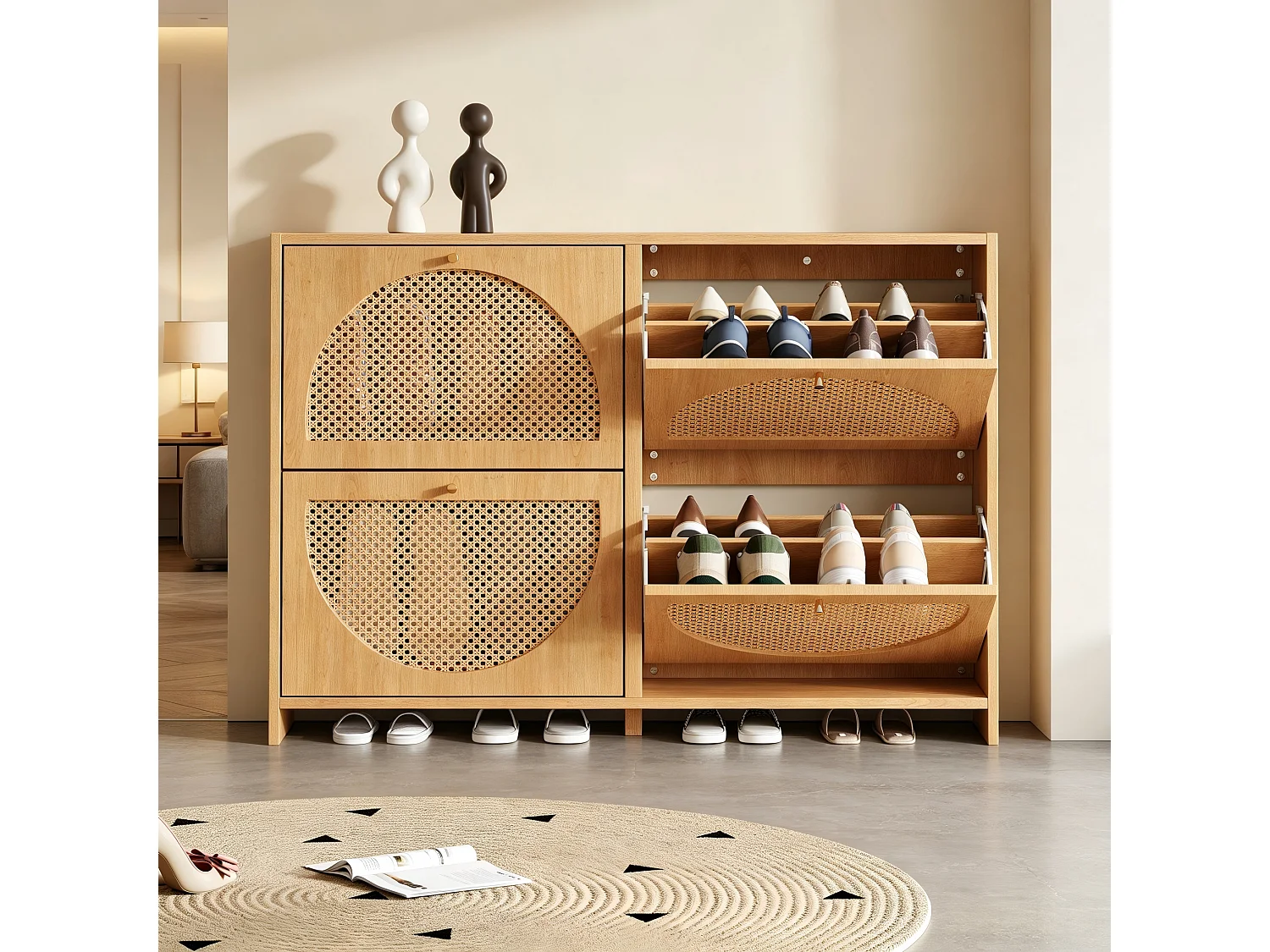 Schuhschrank mit 4 Türen, 8 Einlegeböden und 2 Haken – MDF/durchbrochenes Rattan – 120 x 24 x 90 cm – Naturholz