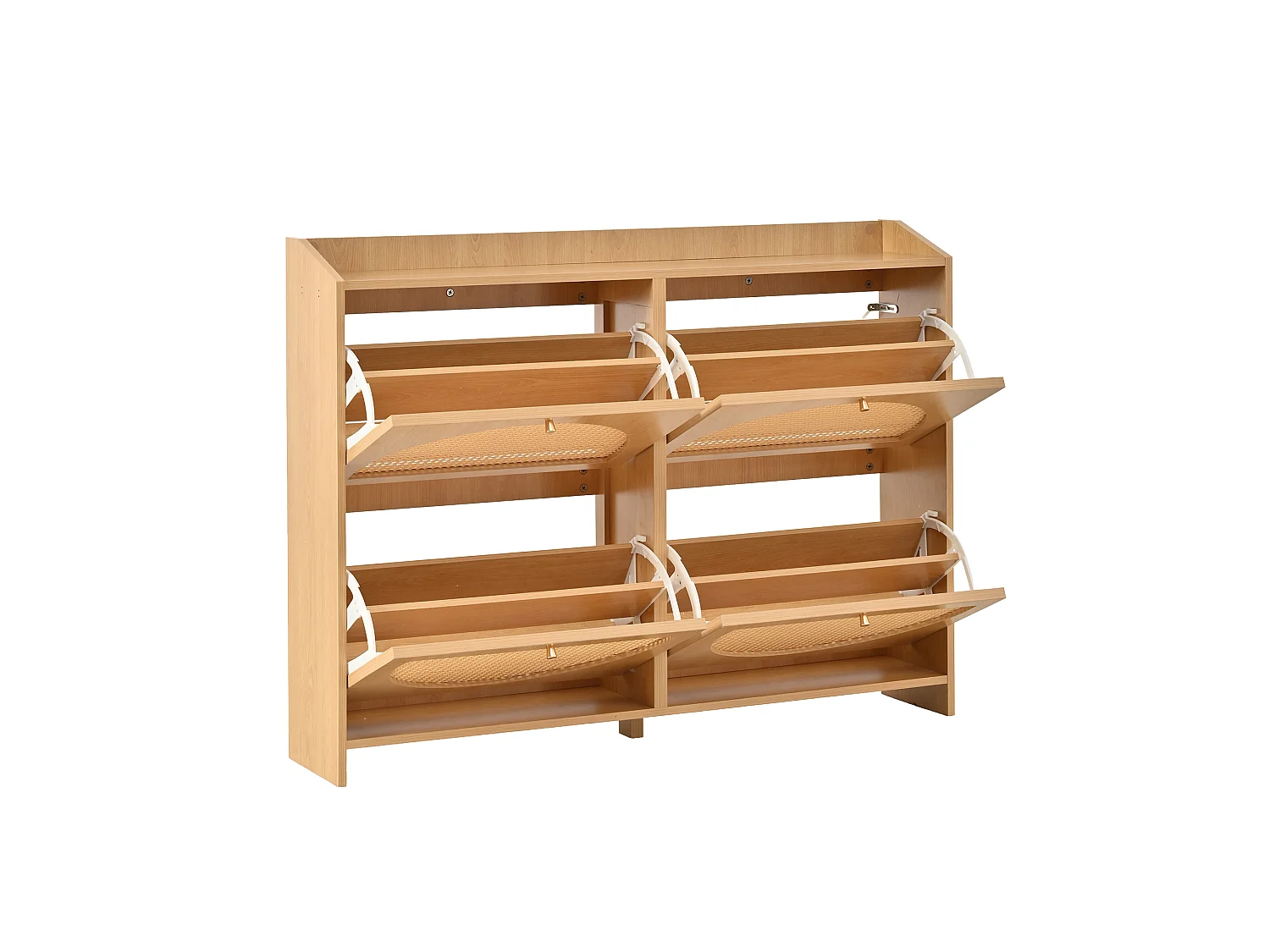 Schuhschrank mit 4 Türen, 8 Einlegeböden und 2 Haken – MDF/durchbrochenes Rattan – 120 x 24 x 90 cm – Naturholz