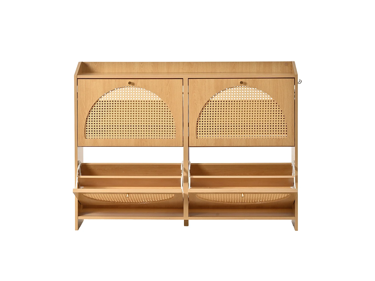 Schuhschrank mit 4 Türen, 8 Einlegeböden und 2 Haken – MDF/durchbrochenes Rattan – 120 x 24 x 90 cm – Naturholz