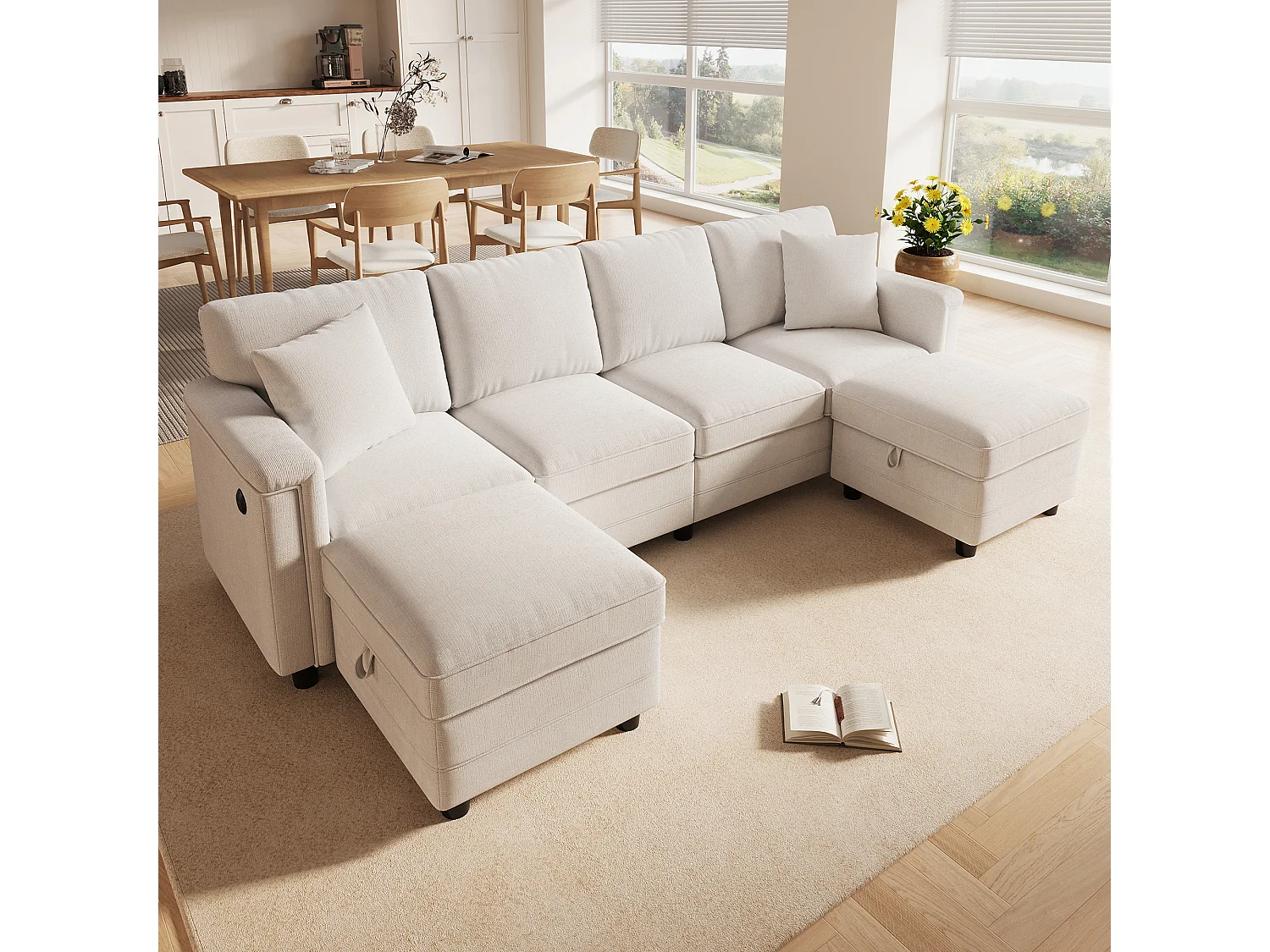Canapéhoek 4 zitplaatsen in U/L-vorm 261 × 134 × 82 cm - met 2 opbergpoefs en 2 kussens - chenillestof - beige
