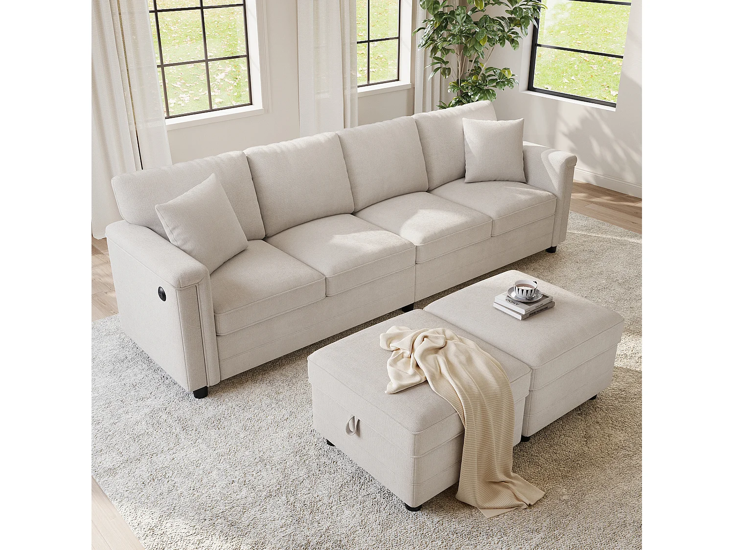 Canapéhoek 4 zitplaatsen in U/L-vorm 261 × 134 × 82 cm - met 2 opbergpoefs en 2 kussens - chenillestof - beige
