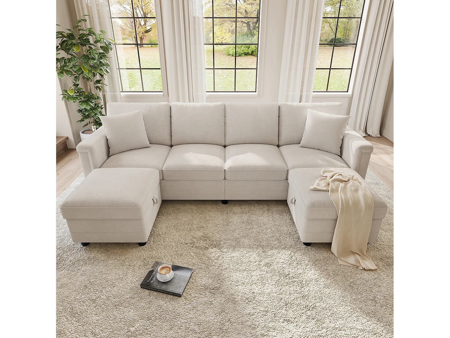 Canapéhoek 4 zitplaatsen in U/L-vorm 261 × 134 × 82 cm - met 2 opbergpoefs en 2 kussens - chenillestof - beige