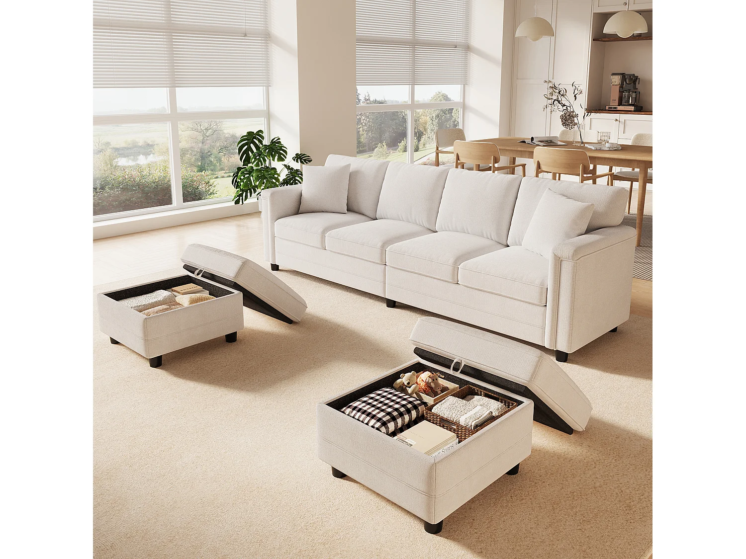 Canapéhoek 4 zitplaatsen in U/L-vorm 261 × 134 × 82 cm - met 2 opbergpoefs en 2 kussens - chenillestof - beige