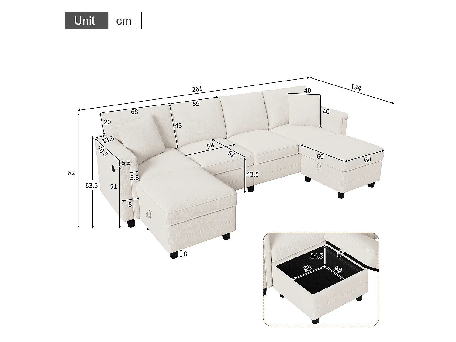 Canapéhoek 4 zitplaatsen in U/L-vorm 261 × 134 × 82 cm - met 2 opbergpoefs en 2 kussens - chenillestof - beige