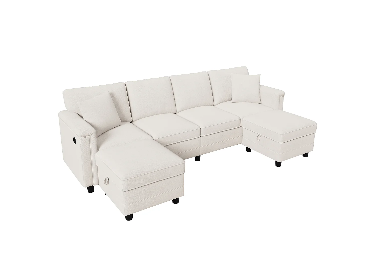 Canapéhoek 4 zitplaatsen in U/L-vorm 261 × 134 × 82 cm - met 2 opbergpoefs en 2 kussens - chenillestof - beige