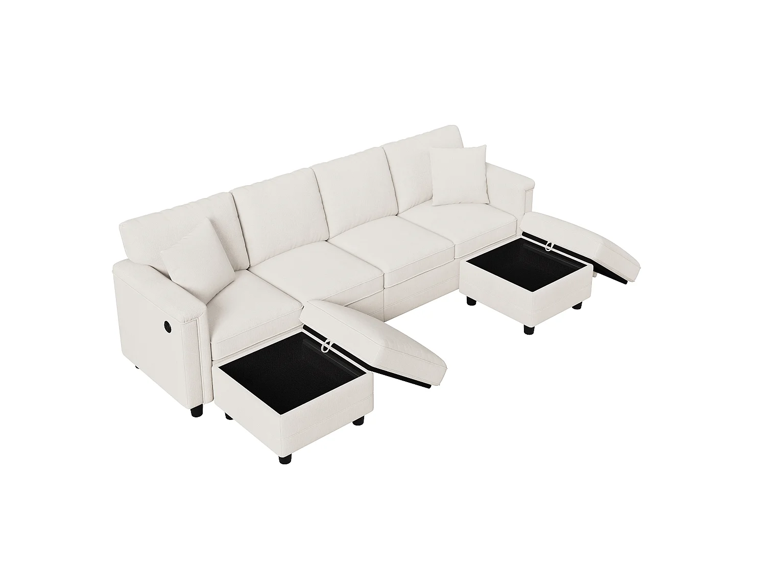 Canapéhoek 4 zitplaatsen in U/L-vorm 261 × 134 × 82 cm - met 2 opbergpoefs en 2 kussens - chenillestof - beige