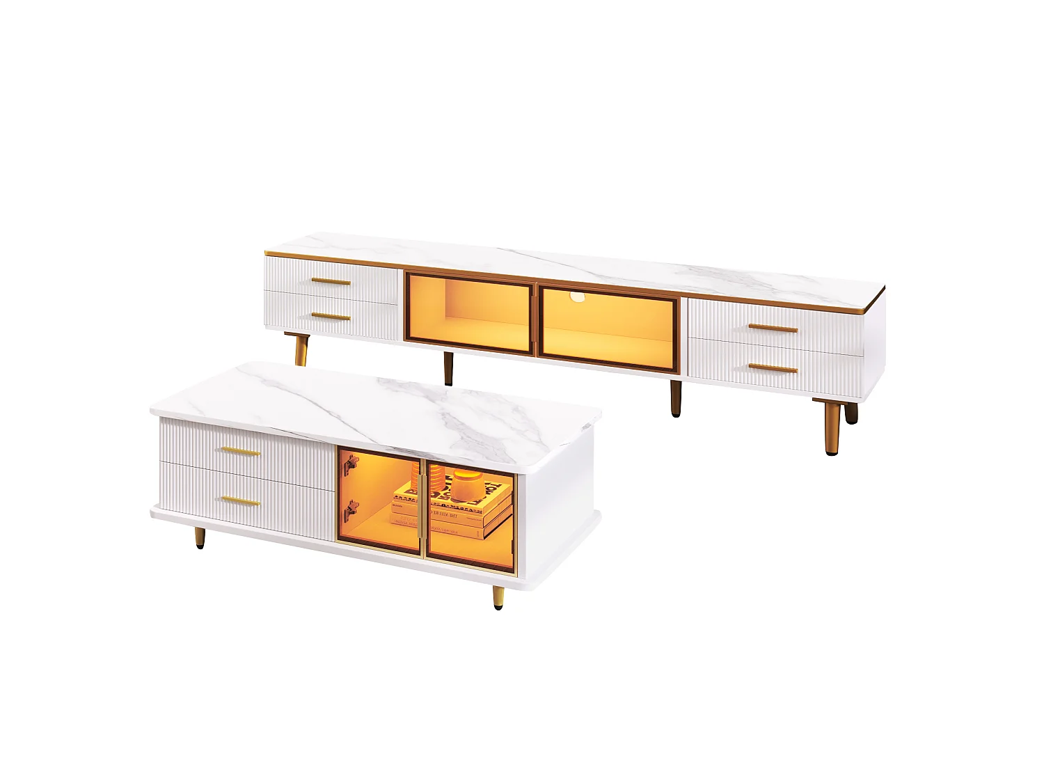 TV-Möbel und Couchtisch-Set (170 cm) – Spanplatte und Glas – LEDs – Weiß