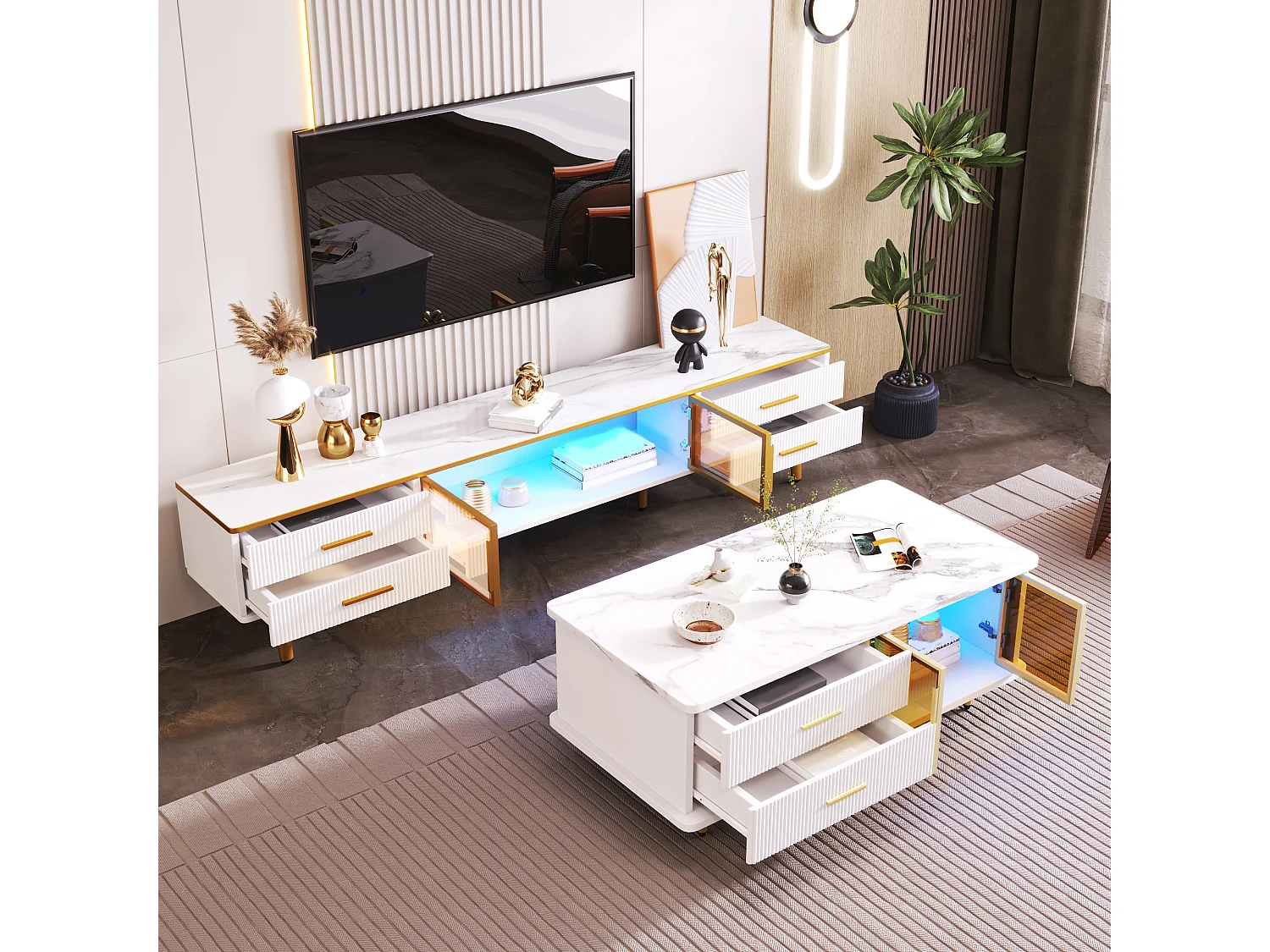 TV-Möbel und Couchtisch-Set (170 cm) – Spanplatte und Glas – LEDs – Weiß
