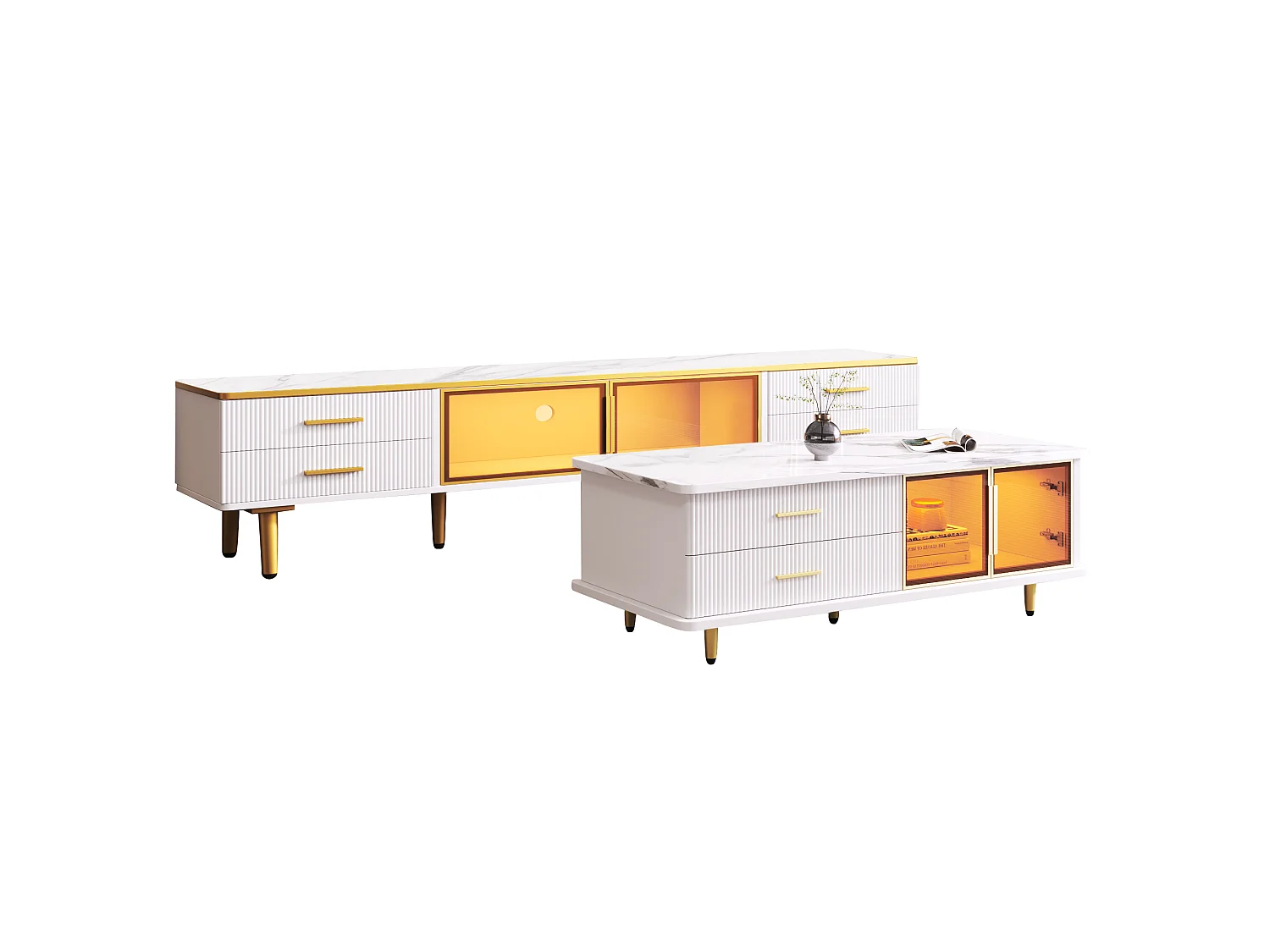 TV-Möbel und Couchtisch-Set (170 cm) – Spanplatte und Glas – LEDs – Weiß