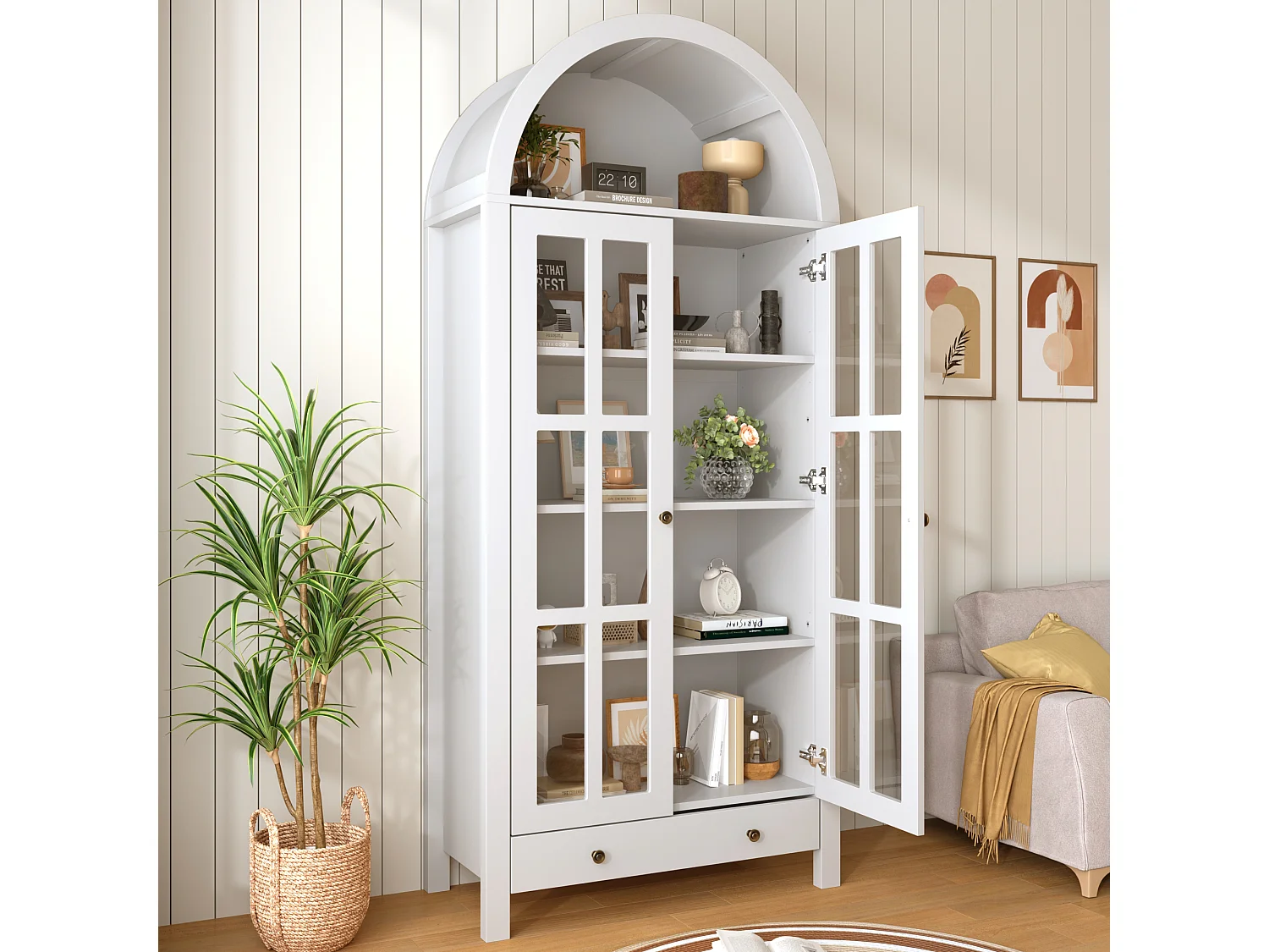 Modernt välvt vitrinskåp/högskåp 75x35x170,5cm - med 2 dörrar och 1 låda - justerbar hylla - Vit