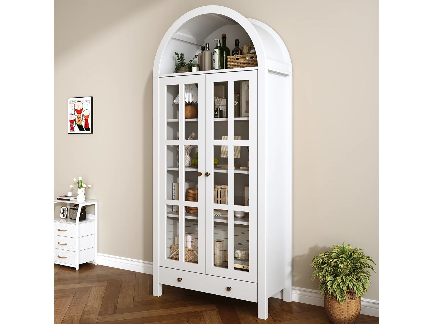 Modernt välvt vitrinskåp/högskåp 75x35x170,5cm - med 2 dörrar och 1 låda - justerbar hylla - Vit