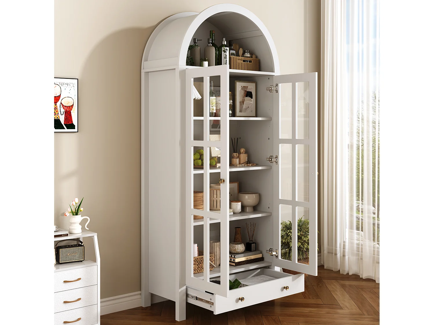 Modernt välvt vitrinskåp/högskåp 75x35x170,5cm - med 2 dörrar och 1 låda - justerbar hylla - Vit