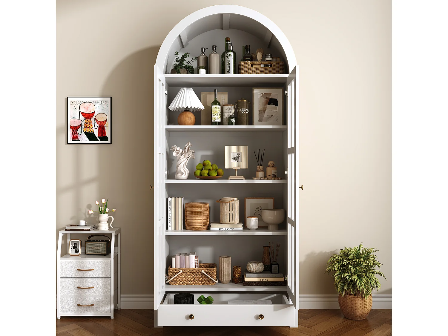 Modernt välvt vitrinskåp/högskåp 75x35x170,5cm - med 2 dörrar och 1 låda - justerbar hylla - Vit