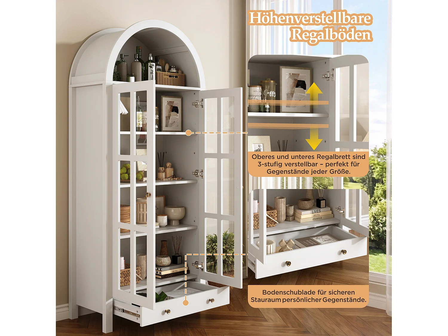 Modernt välvt vitrinskåp/högskåp 75x35x170,5cm - med 2 dörrar och 1 låda - justerbar hylla - Vit