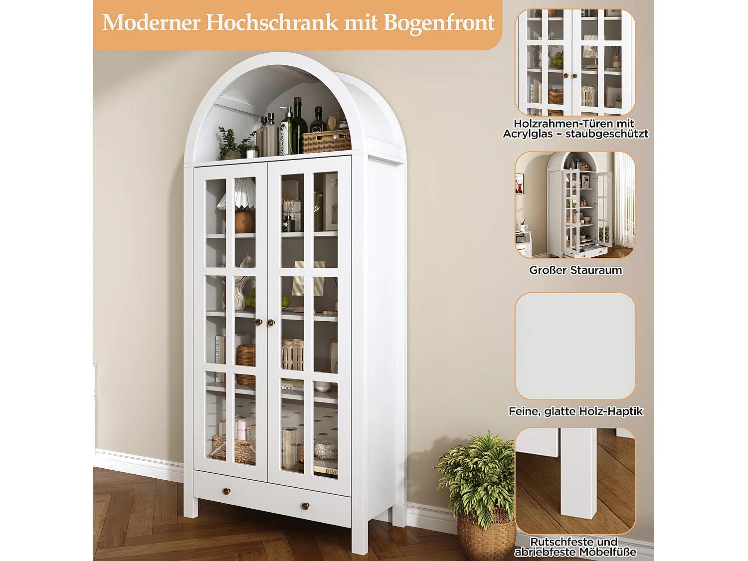 Modernt välvt vitrinskåp/högskåp 75x35x170,5cm - med 2 dörrar och 1 låda - justerbar hylla - Vit