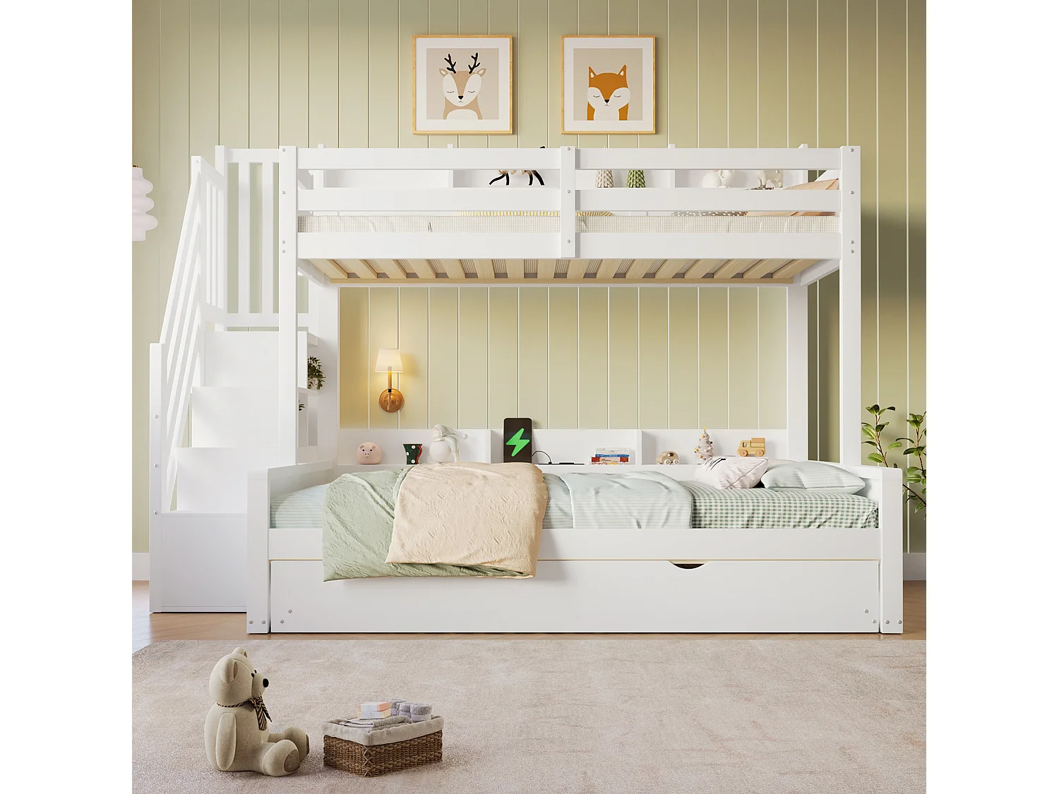 Lit superposé 90x200cm + 140x200cm - avec lit gigogne - avec échelle de rangement et port USB - MDF - Blanc (sans matelas)