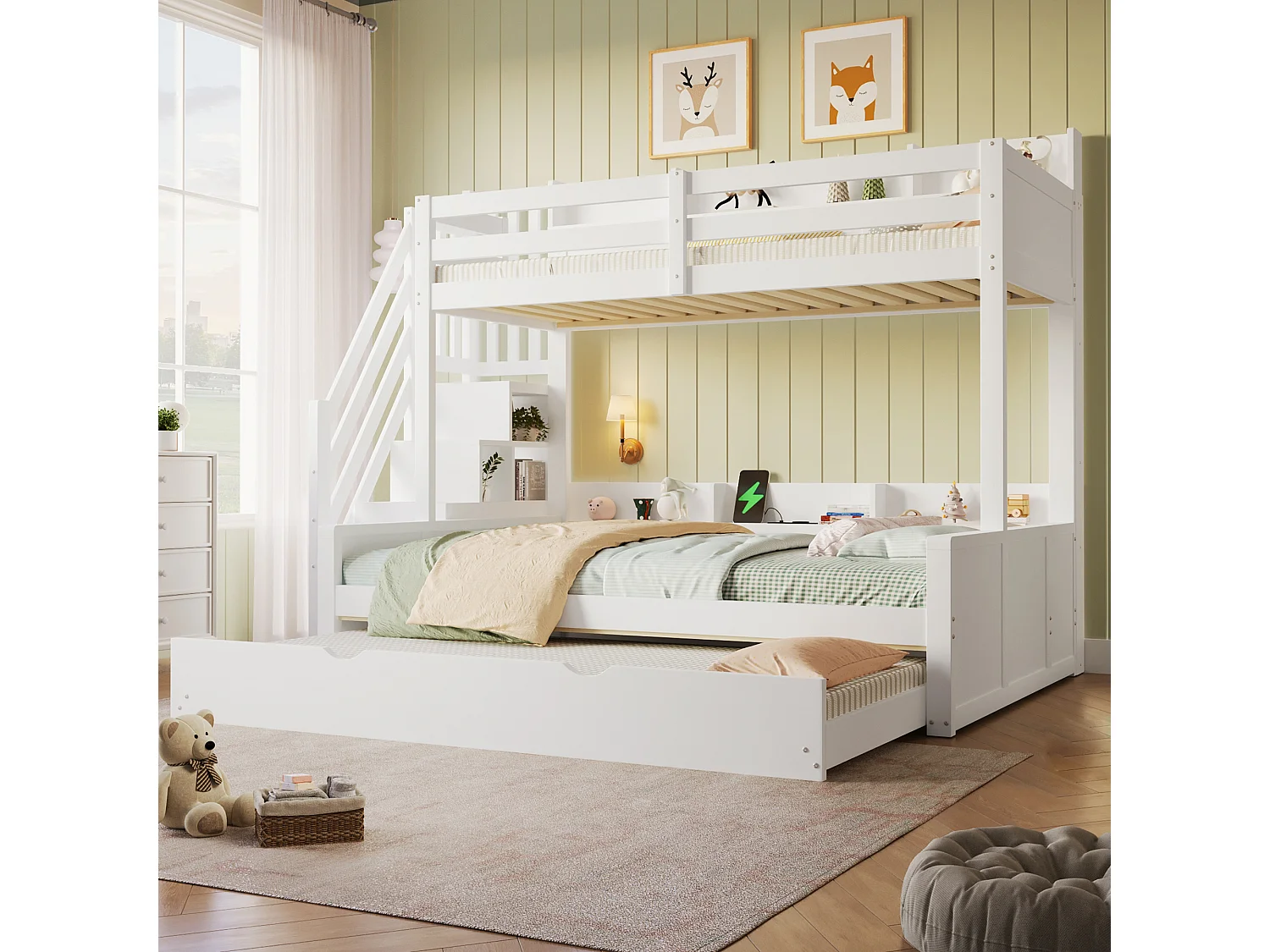 Lit superposé 90x200cm + 140x200cm - avec lit gigogne - avec échelle de rangement et port USB - MDF - Blanc (sans matelas)