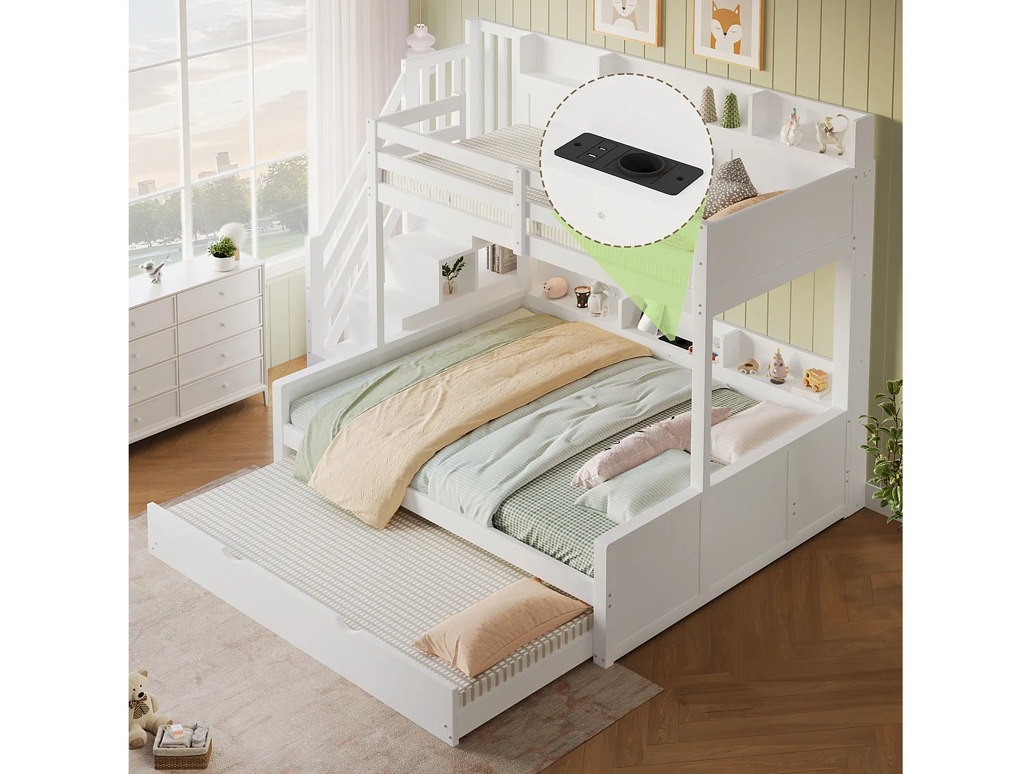 Lit superposé 90x200cm + 140x200cm - avec lit gigogne - avec échelle de rangement et port USB - MDF - Blanc (sans matelas)