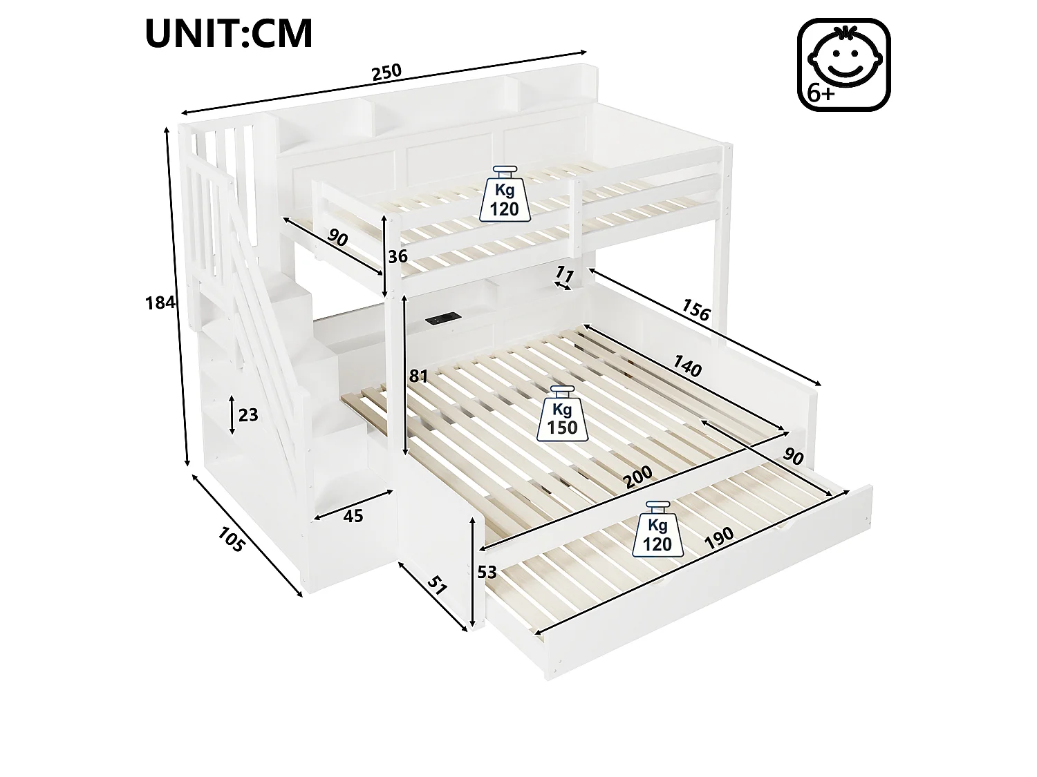 Lit superposé 90x200cm + 140x200cm - avec lit gigogne - avec échelle de rangement et port USB - MDF - Blanc (sans matelas)