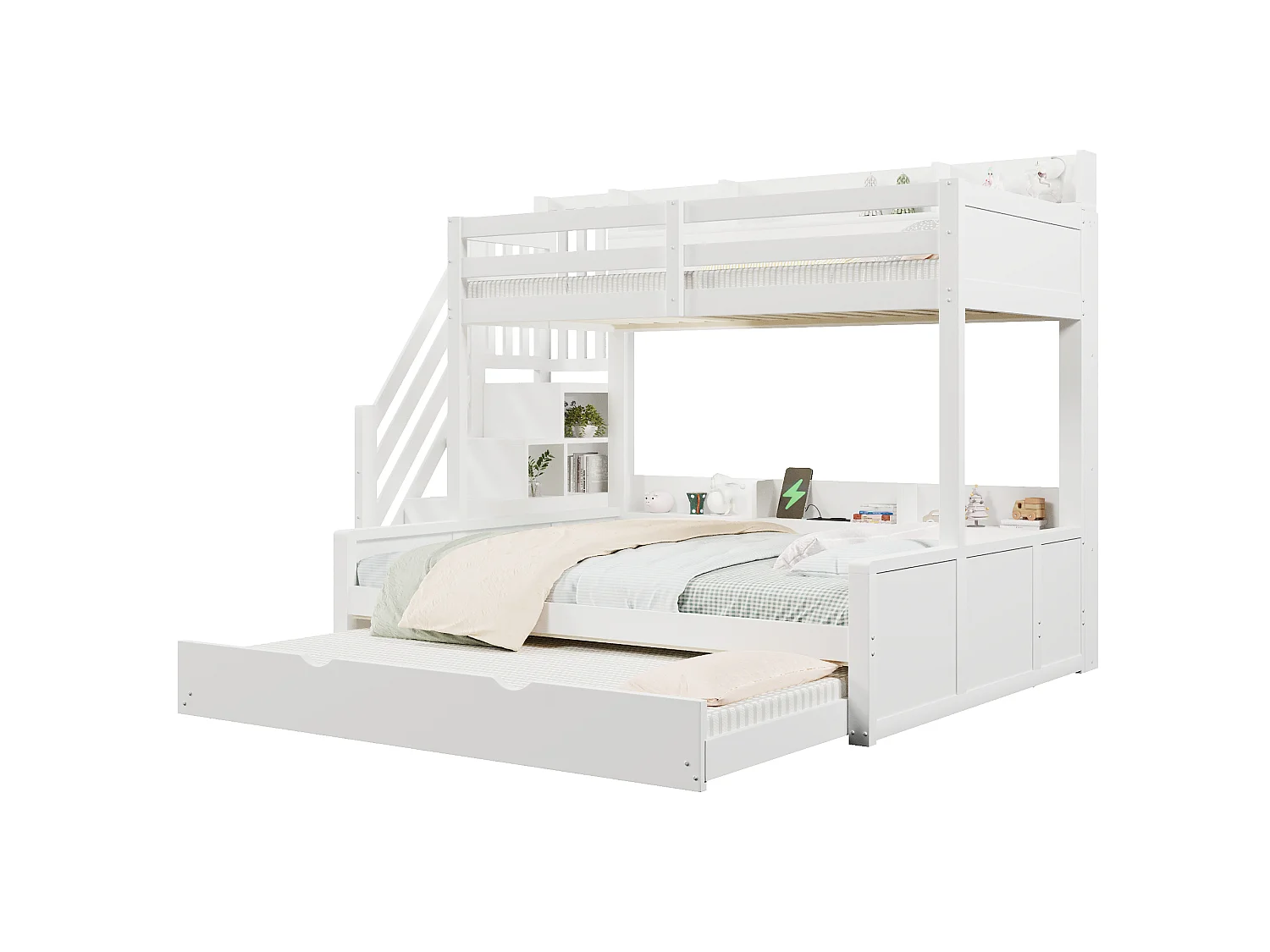 Lit superposé 90x200cm + 140x200cm - avec lit gigogne - avec échelle de rangement et port USB - MDF - Blanc (sans matelas)