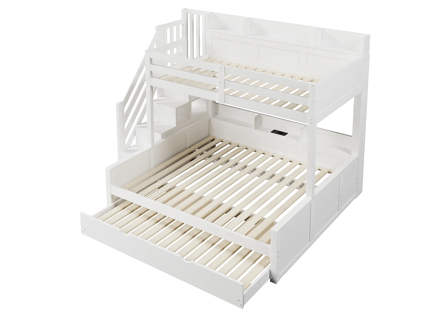 Lit superposé 90x200cm + 140x200cm - avec lit gigogne - avec échelle de rangement et port USB - MDF - Blanc (sans matelas)