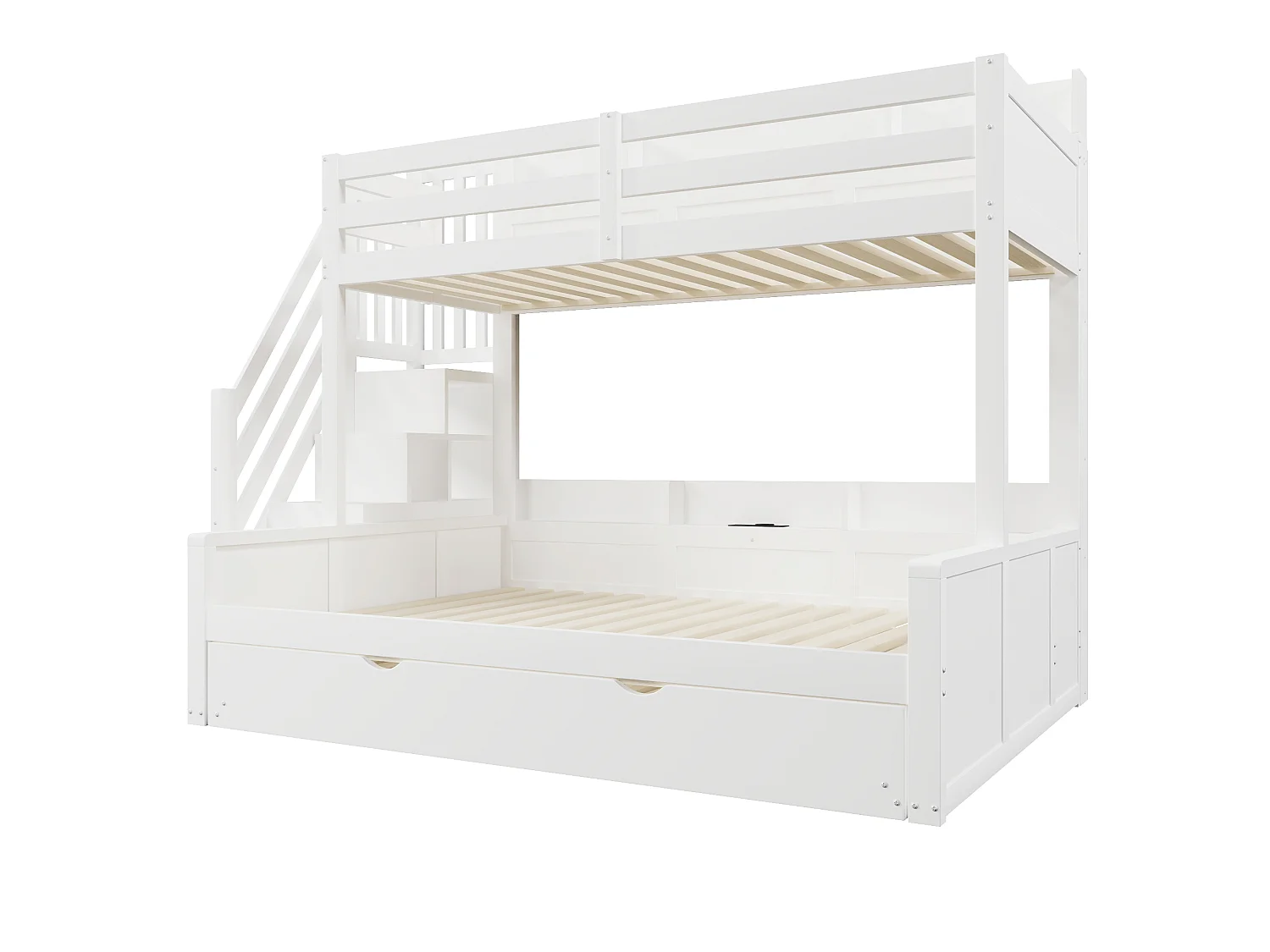 Lit superposé 90x200cm + 140x200cm - avec lit gigogne - avec échelle de rangement et port USB - MDF - Blanc (sans matelas)