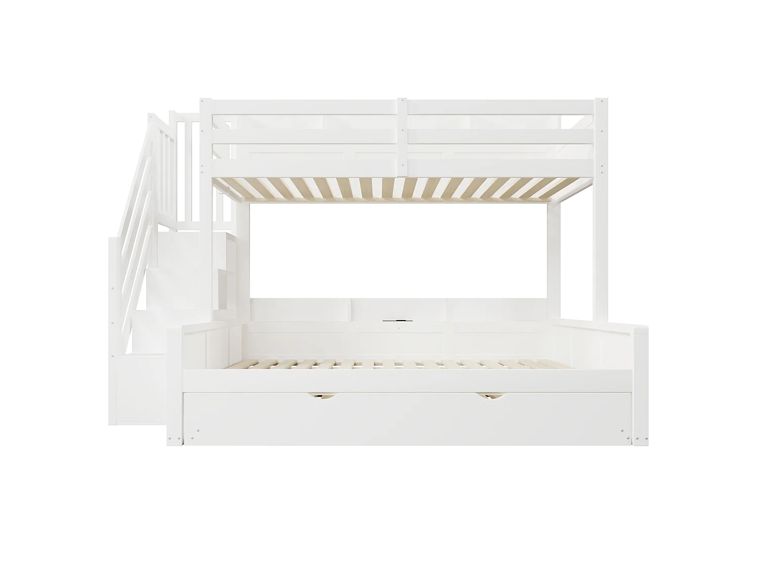 Lit superposé 90x200cm + 140x200cm - avec lit gigogne - avec échelle de rangement et port USB - MDF - Blanc (sans matelas)