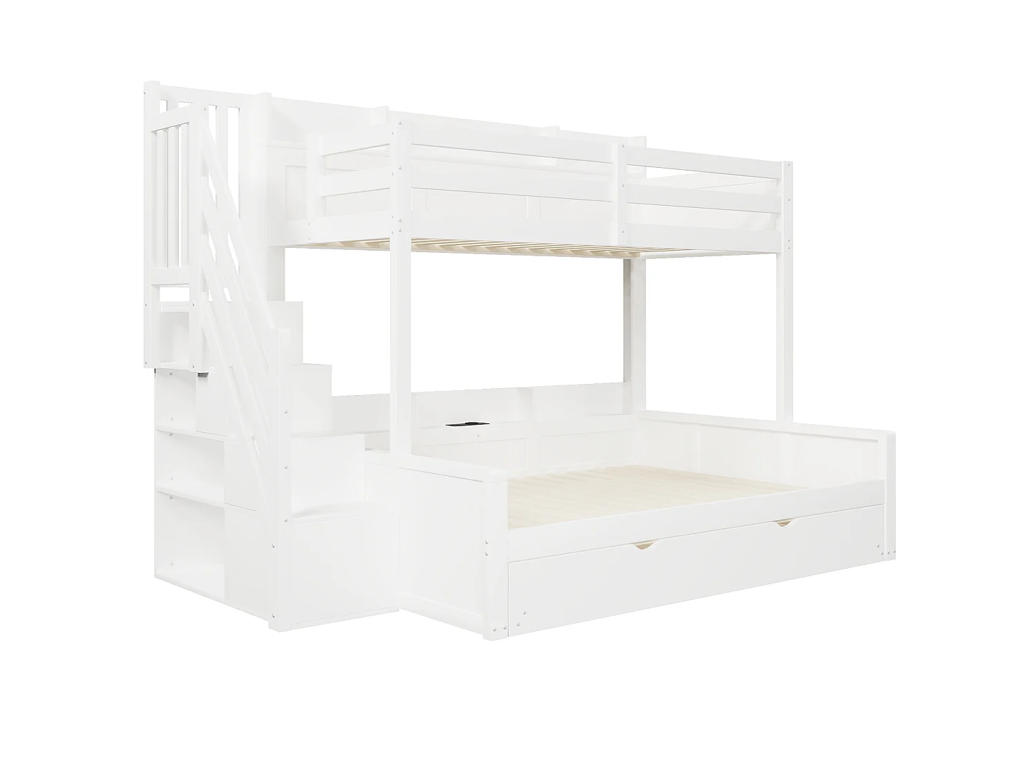 Lit superposé 90x200cm + 140x200cm - avec lit gigogne - avec échelle de rangement et port USB - MDF - Blanc (sans matelas)
