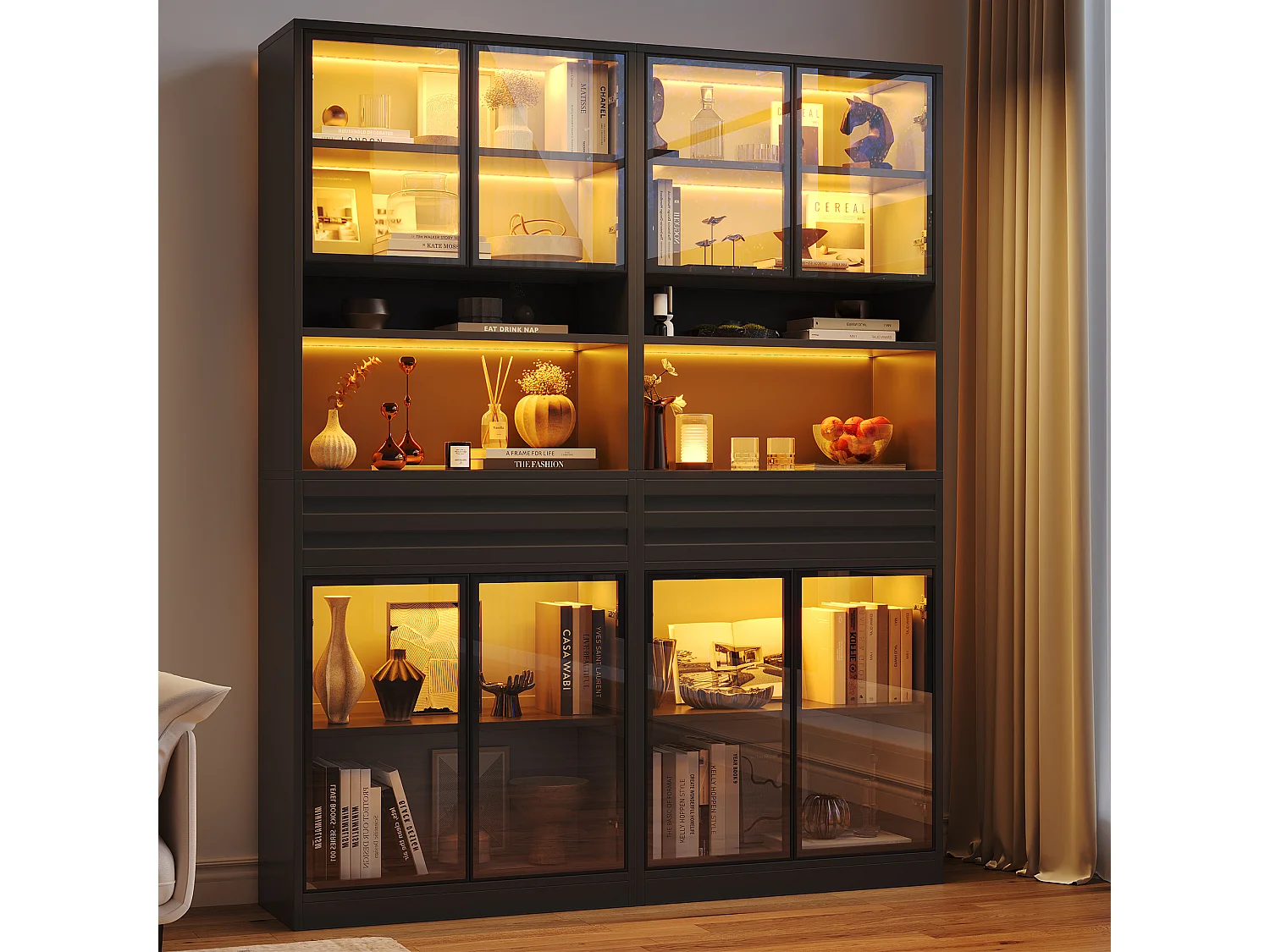 Glazen vitrine 160 x 35 x 200 cm - 8 glazen deuren en 2 laden - LED-verlichting bedienbaar via app - MDF - Zwart