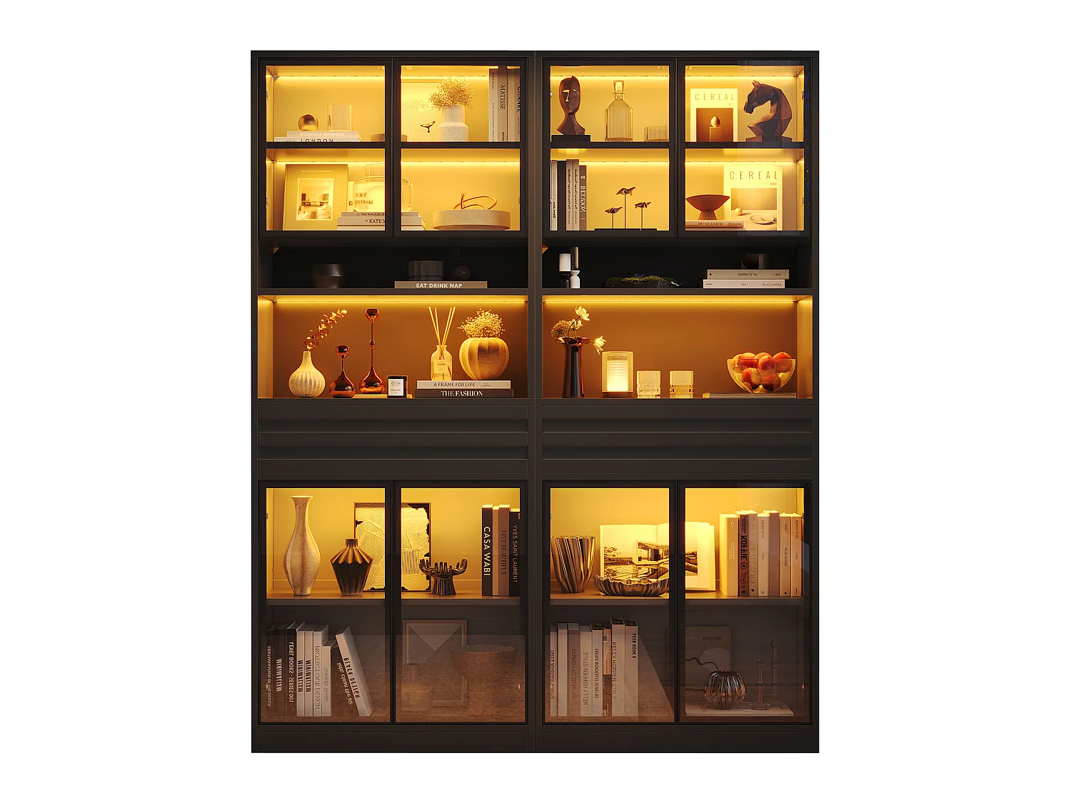Glazen vitrine 160 x 35 x 200 cm - 8 glazen deuren en 2 laden - LED-verlichting bedienbaar via app - MDF - Zwart