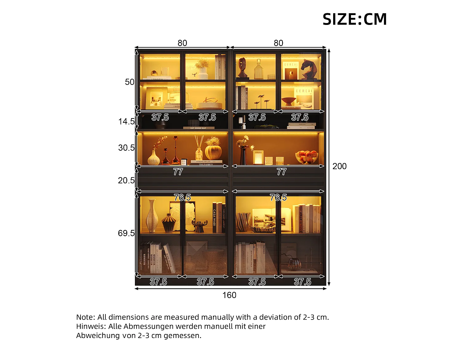 Glazen vitrine 160 x 35 x 200 cm - 8 glazen deuren en 2 laden - LED-verlichting bedienbaar via app - MDF - Zwart