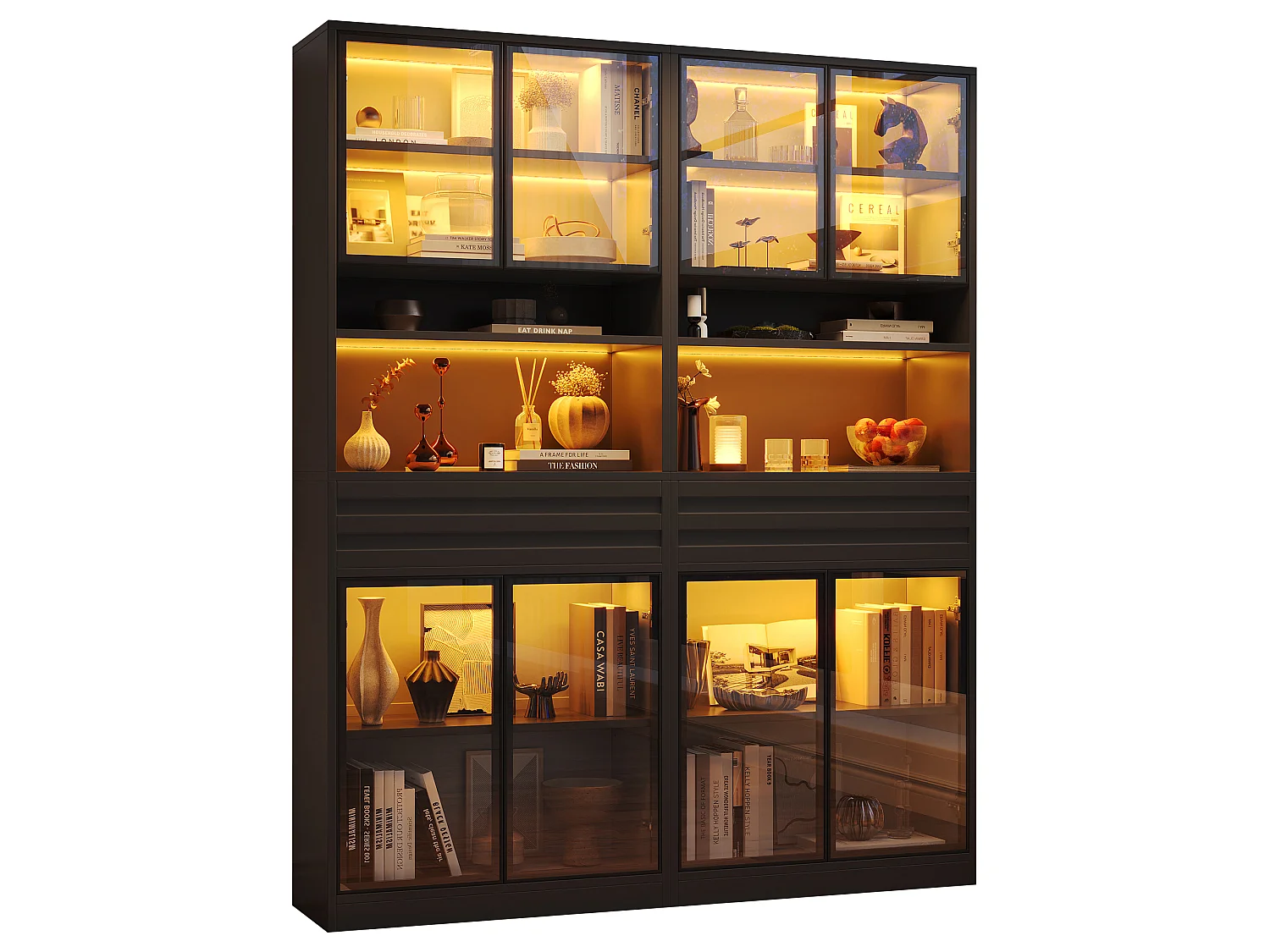 Glazen vitrine 160 x 35 x 200 cm - 8 glazen deuren en 2 laden - LED-verlichting bedienbaar via app - MDF - Zwart