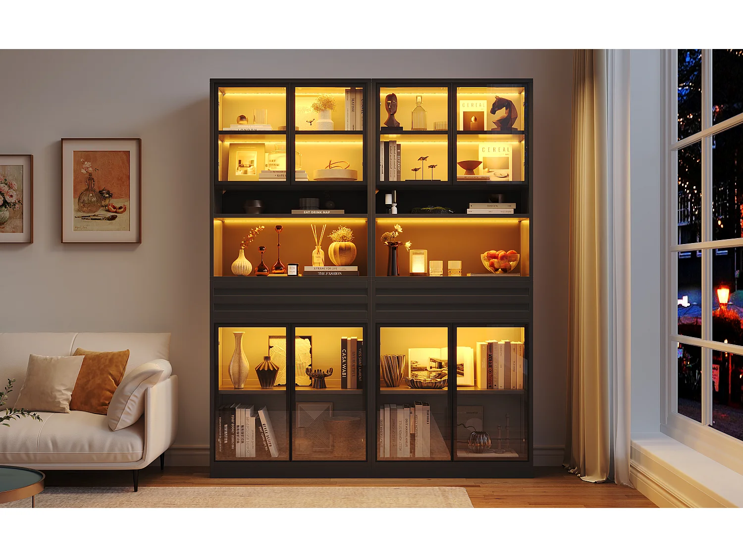 Glazen vitrine 160 x 35 x 200 cm - 8 glazen deuren en 2 laden - LED-verlichting bedienbaar via app - MDF - Zwart
