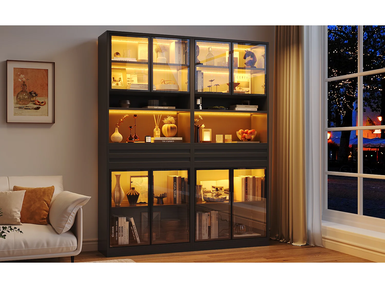 Glazen vitrine 160 x 35 x 200 cm - 8 glazen deuren en 2 laden - LED-verlichting bedienbaar via app - MDF - Zwart