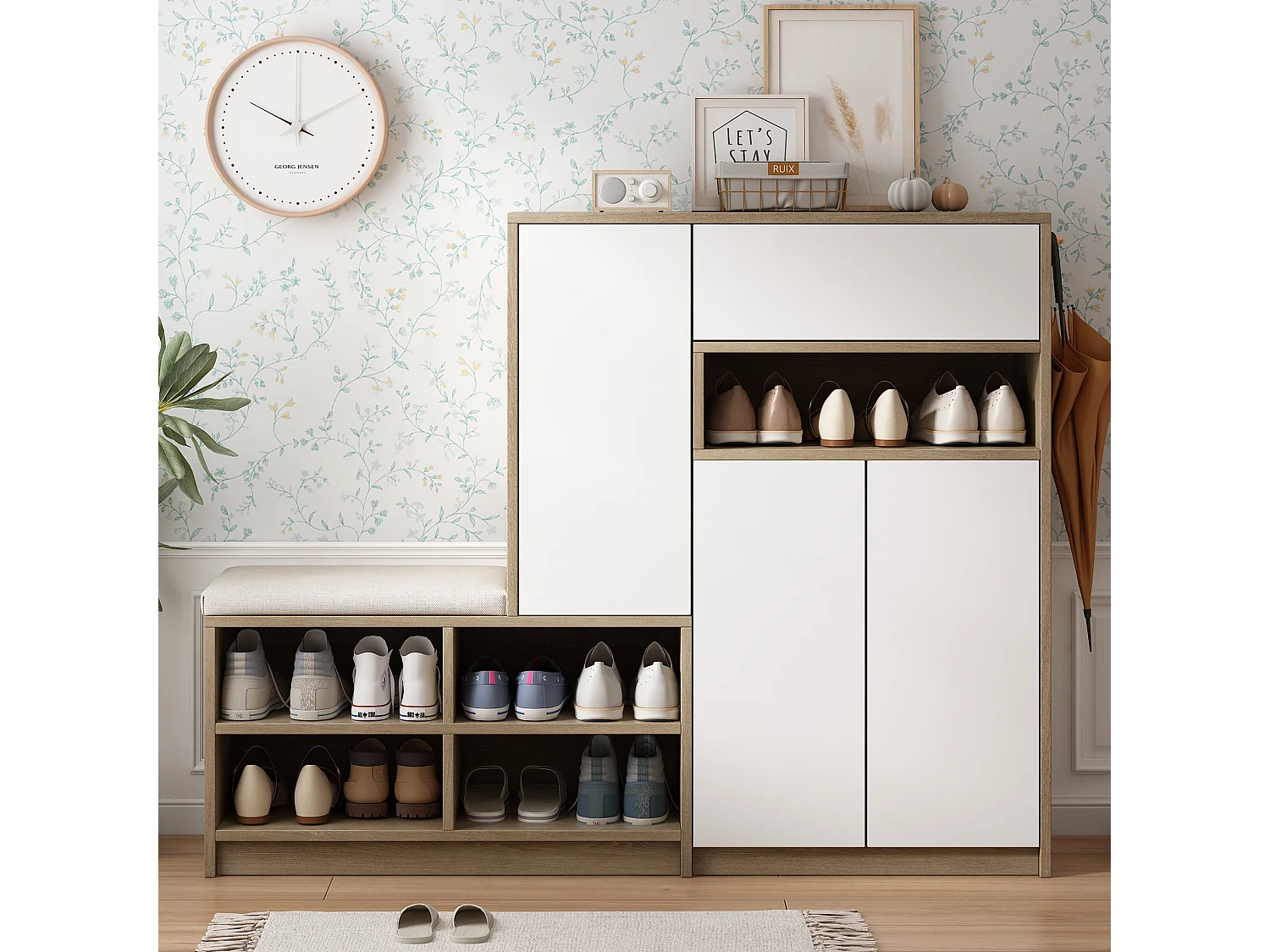 Meuble à chaussures avec banc, 1 tiroir, 3 portes, étagères réglables - Panneaux de particules - 140x35x110 cm - Blanc