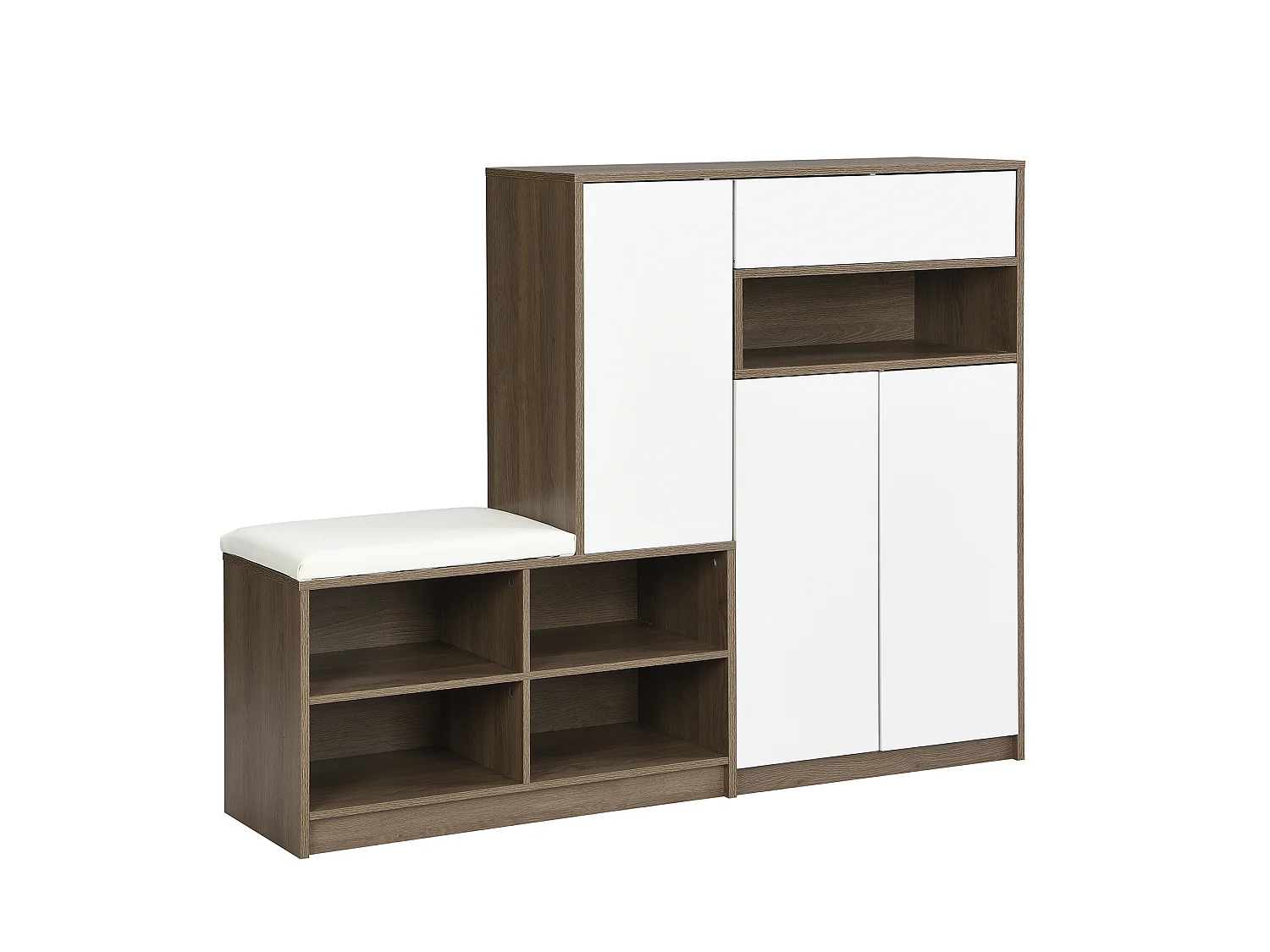 Meuble à chaussures avec banc, 1 tiroir, 3 portes, étagères réglables - Panneaux de particules - 140x35x110 cm - Blanc