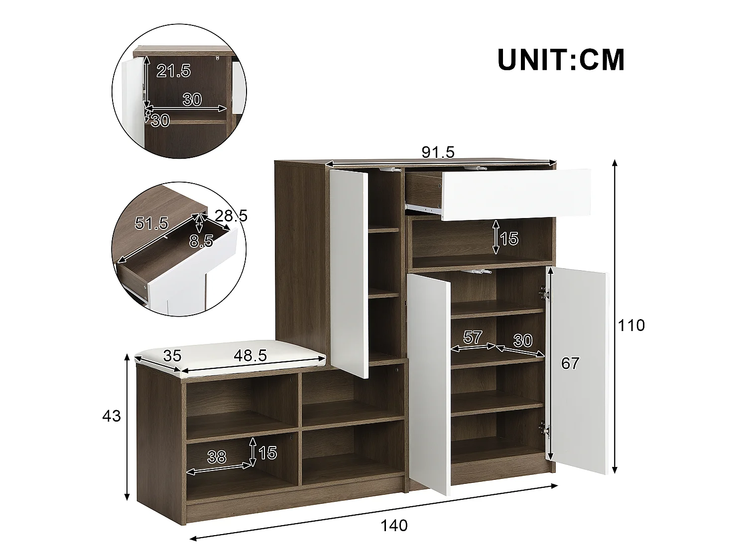 Meuble à chaussures avec banc, 1 tiroir, 3 portes, étagères réglables - Panneaux de particules - 140x35x110 cm - Blanc