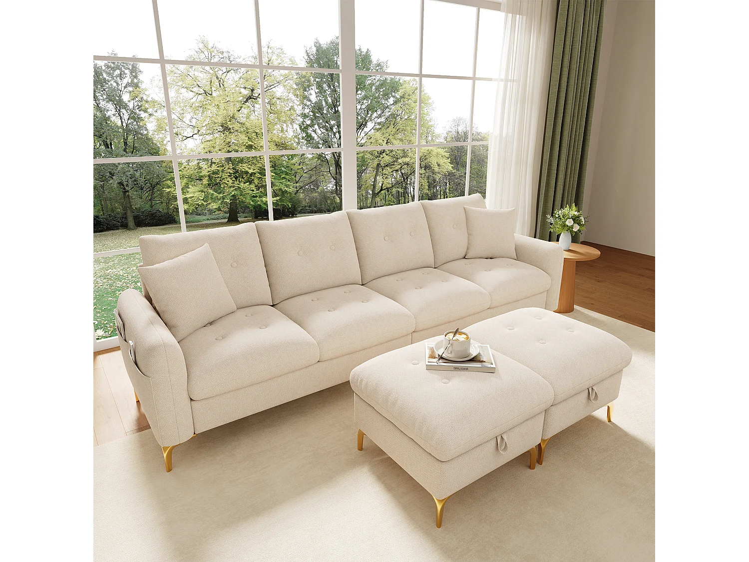 Hoekbank U-vorm 4 zitplaatsen 263 × 137 × 85 cm - met 2 opbergpoefs en 2 kussens - chenillestof - beige