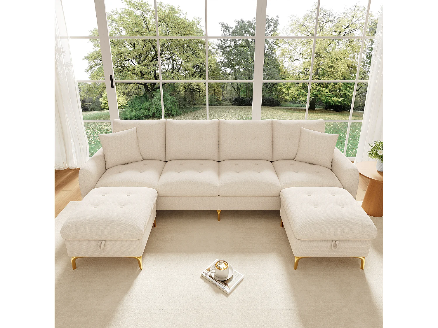 Hoekbank U-vorm 4 zitplaatsen 263 × 137 × 85 cm - met 2 opbergpoefs en 2 kussens - chenillestof - beige