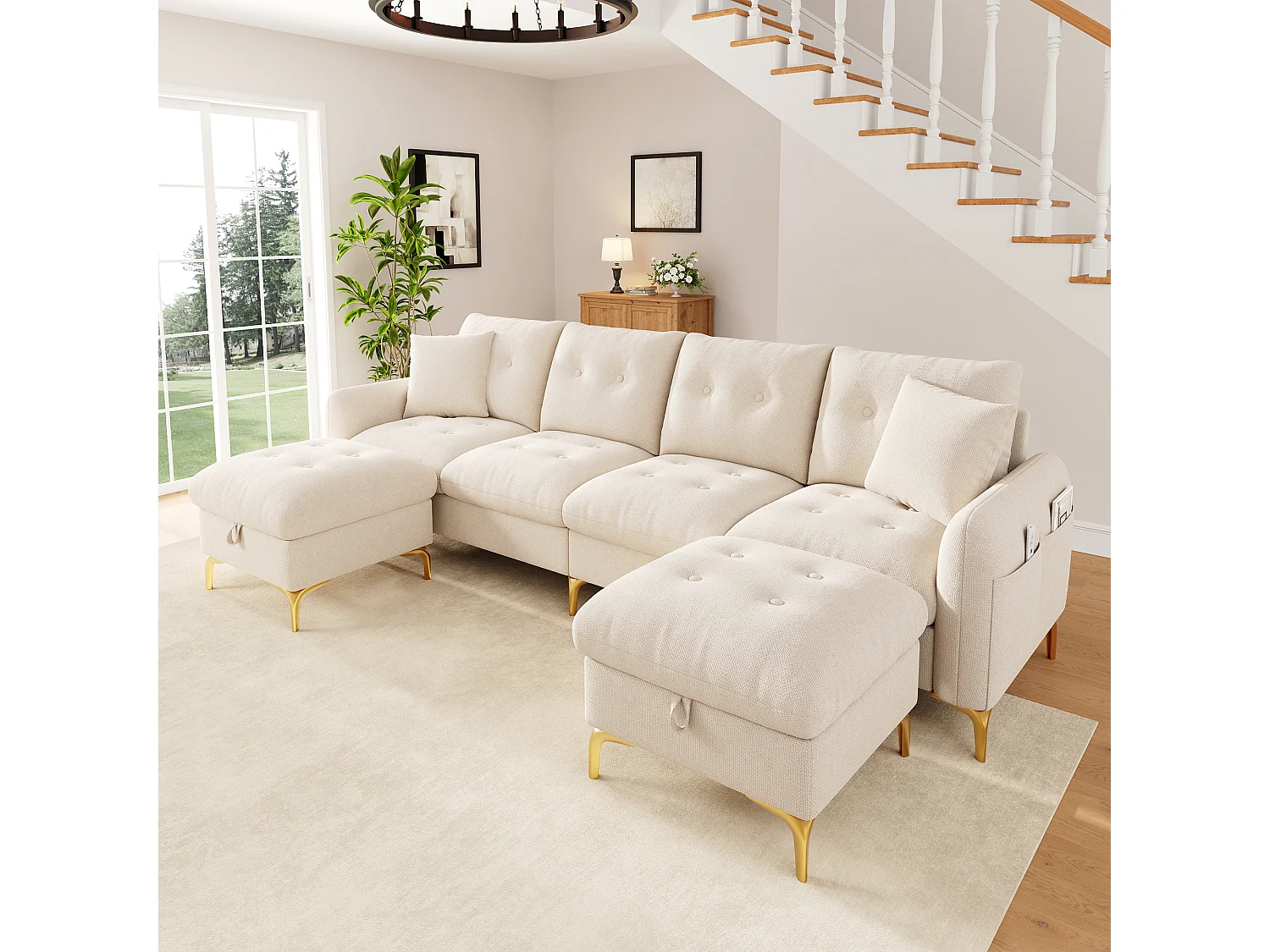 Hoekbank U-vorm 4 zitplaatsen 263 × 137 × 85 cm - met 2 opbergpoefs en 2 kussens - chenillestof - beige