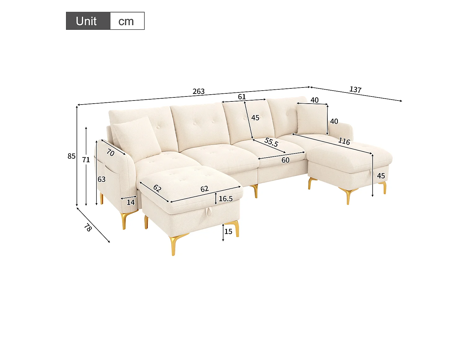 Hoekbank U-vorm 4 zitplaatsen 263 × 137 × 85 cm - met 2 opbergpoefs en 2 kussens - chenillestof - beige
