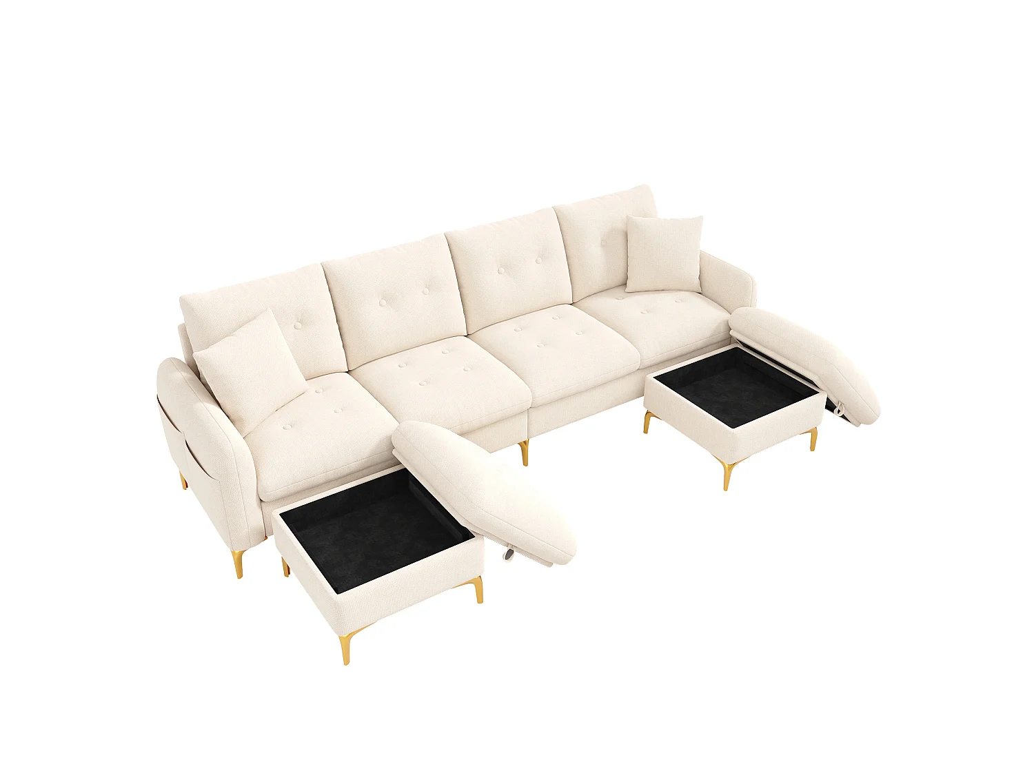 Hoekbank U-vorm 4 zitplaatsen 263 × 137 × 85 cm - met 2 opbergpoefs en 2 kussens - chenillestof - beige
