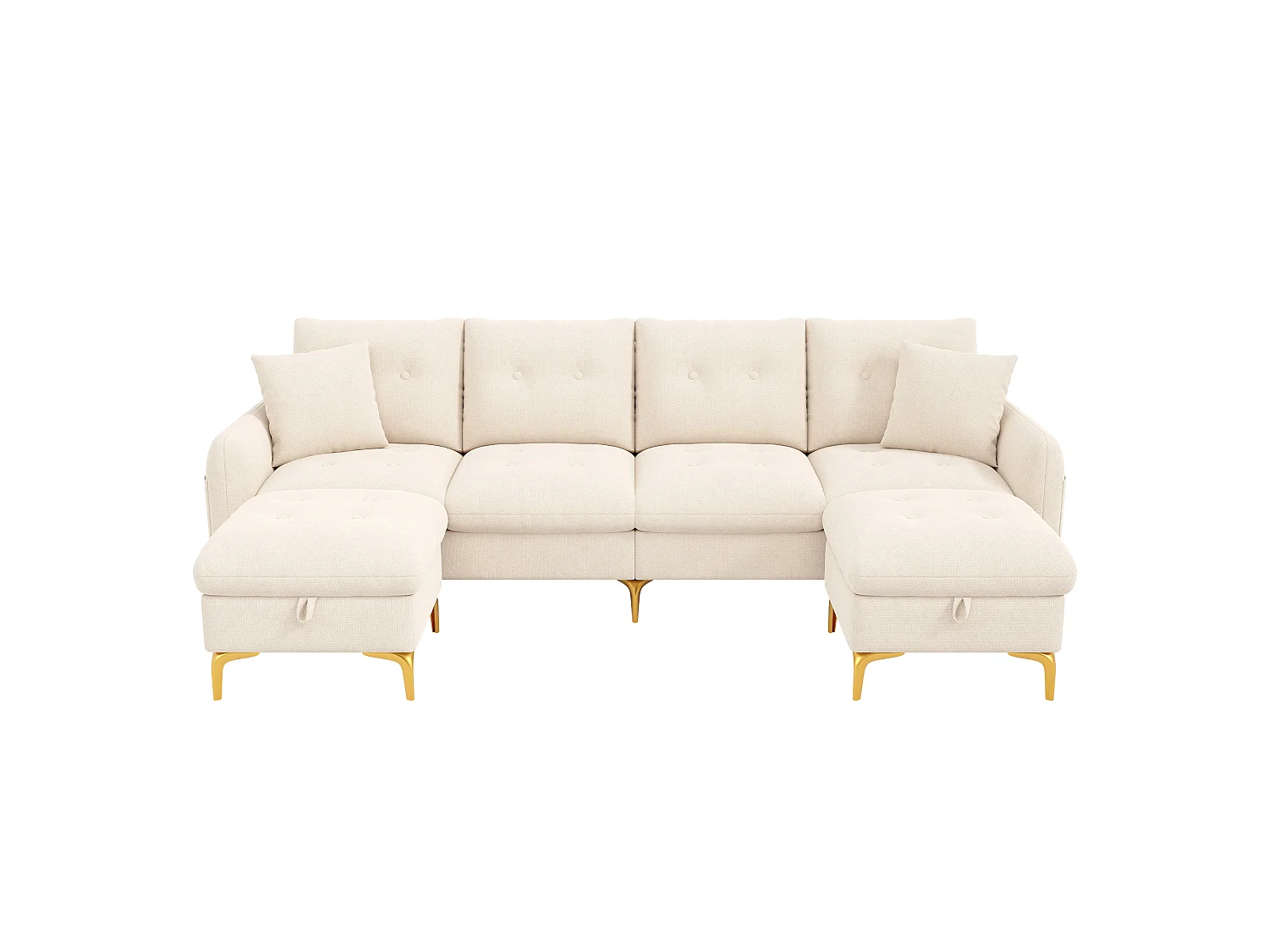 Hoekbank U-vorm 4 zitplaatsen 263 × 137 × 85 cm - met 2 opbergpoefs en 2 kussens - chenillestof - beige