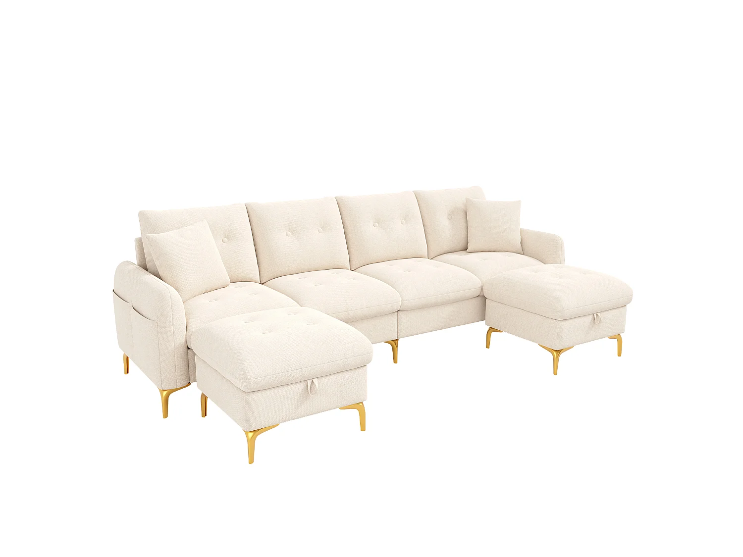 Hoekbank U-vorm 4 zitplaatsen 263 × 137 × 85 cm - met 2 opbergpoefs en 2 kussens - chenillestof - beige