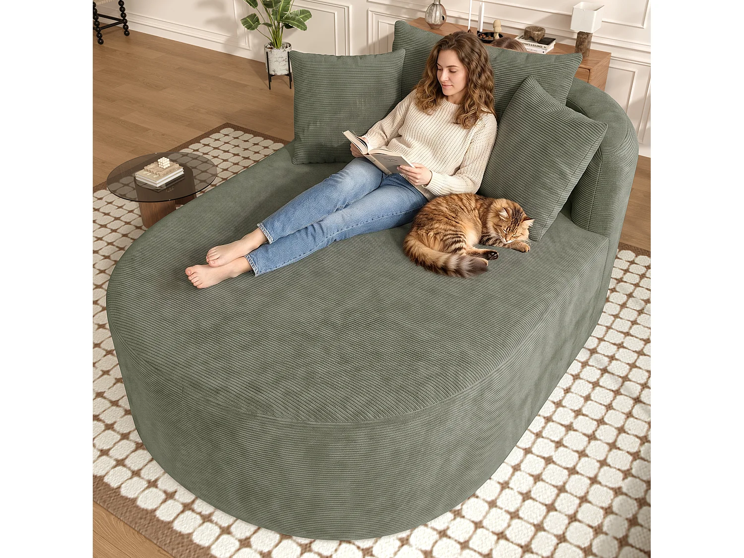 Fauteuil inclinable ovale - aucun assemblage requis - très élastique - velours côtelé - vert