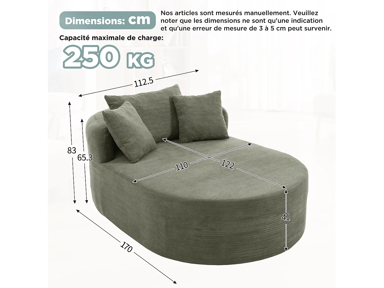 Fauteuil inclinable ovale - aucun assemblage requis - très élastique - velours côtelé - vert