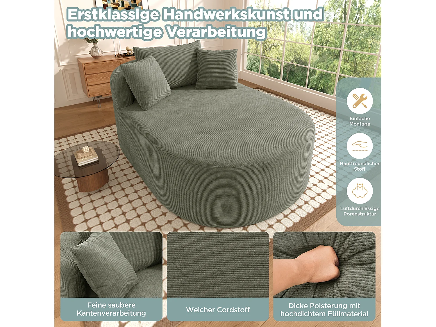 Fauteuil inclinable ovale - aucun assemblage requis - très élastique - velours côtelé - vert